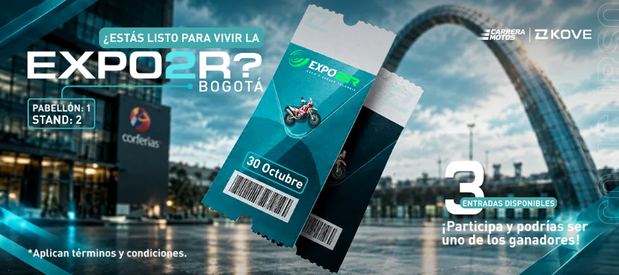 Pieza del concurso de Carrera Motos y KOVE por entradas a la Expo 2 Ruedas 2026 en Corferias, Bogotá: tres entradas por ganador. Carrera Motos atiende en el pabellón 1, stand 2. Aplican términos y condiciones.