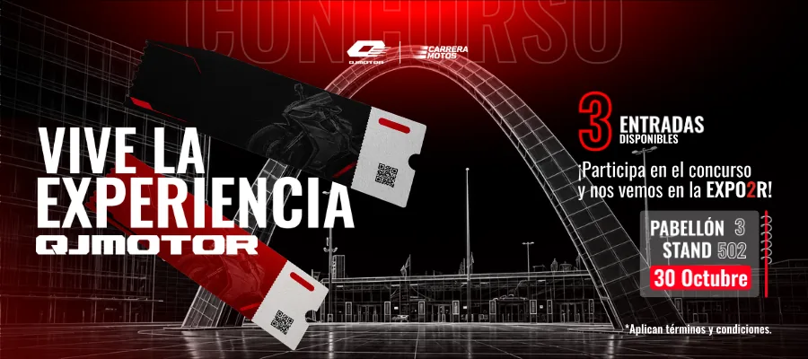 Pieza del concurso de Carrera Motos y QJMOTOR por entradas a la Expo 2 Ruedas 2026 en Corferias, Bogotá: tres entradas por ganador. Carrera Motos atiende en el pabellón 3, stand 502. Aplican términos y condiciones.